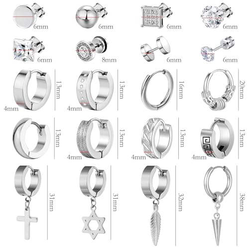 20 Pairs Stainless Steel Stud Earrings for Men Hypoallergenic Earring Unisex Punk Earring Hoop Hinged Dangle Cross Earrings for Men Women - color: Silver