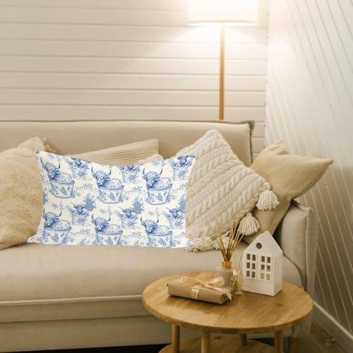 Highland Cow Throw Pillow Covers 12x20 Inch, Blue and White Floral - color: Cow