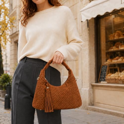 MOETYANG Woven Shoulder Bag for Women, Vintage Hobo Purse with Tassel - color: Brown