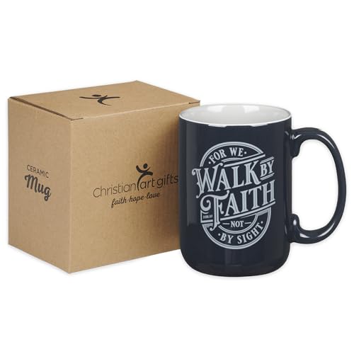 Christian Art Gifts Walk by Faith Scripture Coffee Mug, Inspirational Bible Verse Ceramic Mug, Navy Blue & White, 14 oz, Lead & Cadmium-Free, Christian Gift Drinkware for Men & Women - color: Navy Blue/Walk by Faith