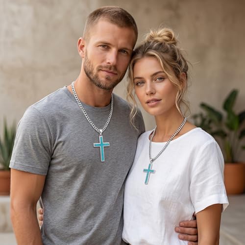 MRENITE Silver Natural Stone Cross Necklace, Classic Latin Cross Pendant Necklace for Unisex Women Man, Vintage Crystal Quartz Cross Necklace with 20+2 Inches Adjustable Cuban Chain - style: Turquoise