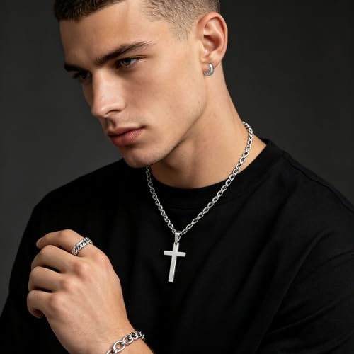 NEWITIN 37 Pieces Silver Jewelry Set for Men Stainless Steel Cross Jewelry - color: Metallic