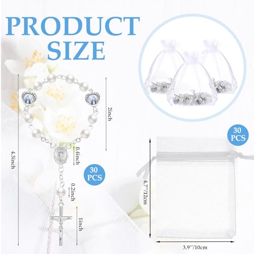 Misdary 30 Sets Baptism Mini Rosary with Organza Bags Faux Pearls Baptism Rosary Favors for Guests Catholic Finger for Christening Weddings Party Favors First Communion Gift(Silvery) - color: Silvery