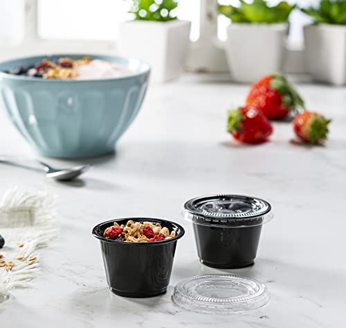 {2.5 oz - 100 Sets} Black Diposable Plastic Portion Cups With Lids, Small Mini Containers For Portion Controll, Jello Shots, Meal Prep, Sauce Cups, Slime, Condiments, Medicine, Dressings, Crafts, - color: Black, size: 2.5 Ounce
