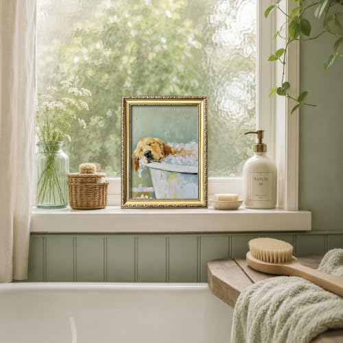 Vintage Gold Framed Funny Dog Bathroom Wall Art, Cute Golden Retriever Taking a Bubble Bath Canvas Print, Farmhouse Pet Wall Decor Painting Picture Poster for Restroom Guest Bath Home 8x10 Inch - color: A-Golden Retriever, size: 10"L x 8"W