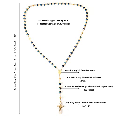 Nazareth Store St. Benedict Deep Blue Crystal Beads Rosary Prayer Necklace Golden Miraculous Medal & Gold Enamel Cross - color: Deep Blue