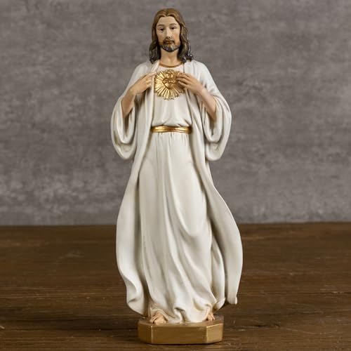 BC Catholic Sacred Heart of Jesus Statue, 6" H Jesus Christ Figure, Religious Gifts Inspirational Indoor Home Decor, Handpainted Renaissance Sculpture Purity & Grace Collection from Buildclassic - color: Gold & White