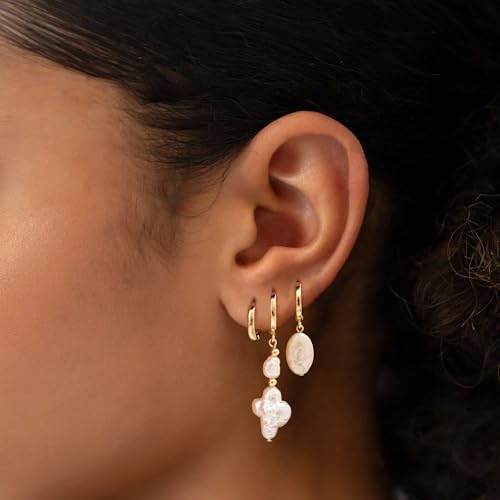 Moodear Gold Earrings for Women, 14K Plated Pearl Earring Stack Jewelry - color: 3pc cross pearl drop