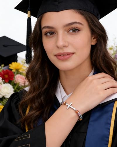 2026 Graduation Bracelet for Her, Natural Stone Beads Cross Charm Bracelet, Adjustable Cross Bracelet with Meaningful Card, Grad Bracelets Class of 2026 Middle High School College Graduation Gifts