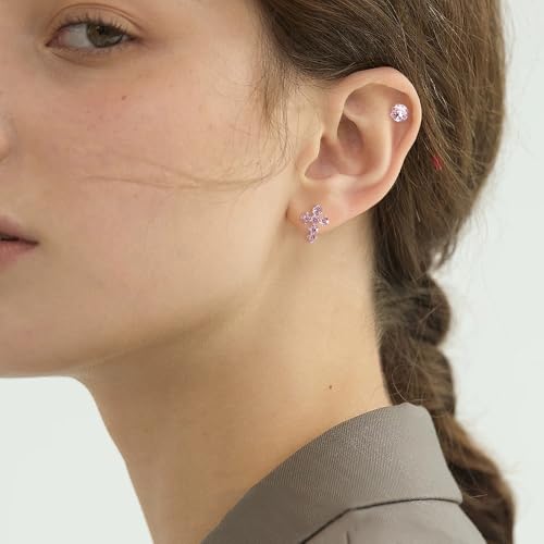 18g Titanium Round Crystal Cross Stud Earrings for Women Silver Plated Stainless Steel CZ Asymmetric Circle Studs Cartilage Tragus Screw Back Post Dainty Birthday Holiday Jewelry - color: Pink CZ