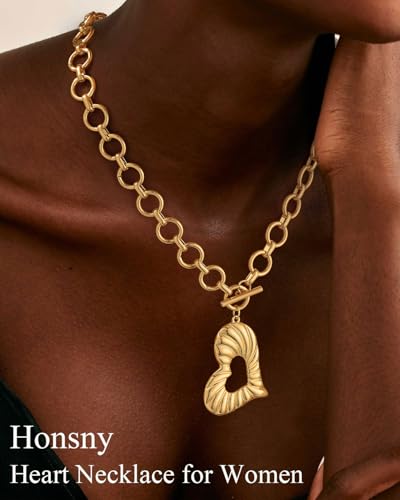 Honsny Chunky Gold Pearl Necklaces for Women Trendy 14K Gold Plated Statement Paperclip Chain Charm Heart Cross Pendant Necklace for Women Non Tarnish Vintage Jewelry Birthday Gifts for Her - style: 03.Gold-Heart-1