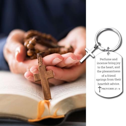 GiftYou Inspirational Scripture Metal Key Chains with Cross Pendant - Bible Verse Keychain Religious Gift for Christian - color: Proverbs 27:9