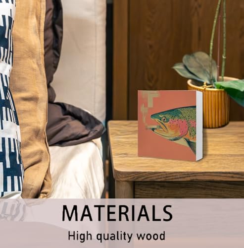 Whimsical Funny Trout Fish Wooden Box Sign, Beach House Decor, Retro Quirky Trout Fish with Cigar Wood Signs for Home Bedroom Cabin Desk Table Shelf Decoration, 5x5 Inch - color: Funny Trout Fish