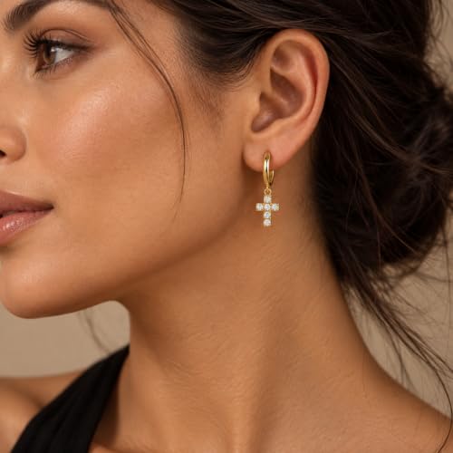 Dangle Earrings for Women, Dainty Huggie Hoop Dangle Earrings - color: Cross 01 Dangle Gold