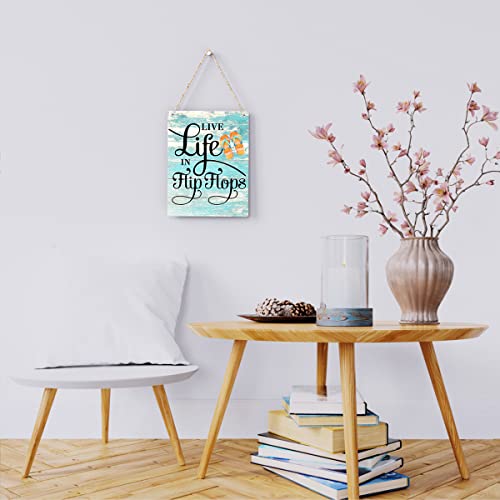 Rustic Live Life in Flip Flops Wood Hanging Sign, Farmhouse Quality Artwork Decor, Summer Wooden Plaque Sign Wall Art, Home Beach House Pool Decoration (8 x 10 Inches) (JTMP080) - color: Live Life in Flip Flops