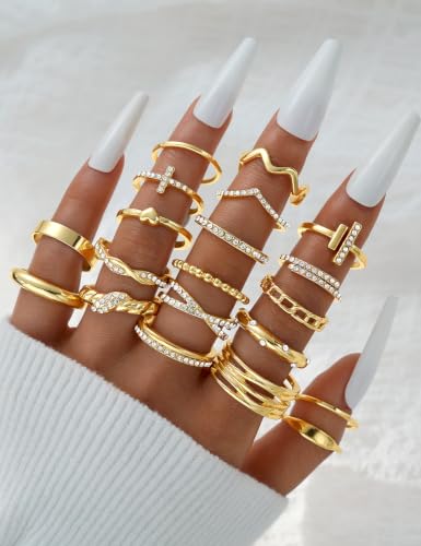 Gold Stackable Rings Set for Women, Gold Plated Chunky Crystal Finger Rings - color: Gold Twisted