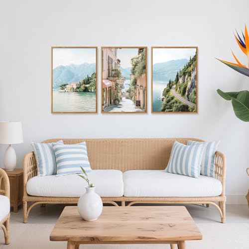 CHDITB Coastal Wall Art, Coastal Town Framed Canvas Poster, Mountain Lakeside Village Scenery Wall Decor, Modern Ocean Country Landscape Artwork for Living Room, Bedroom office decor 12"x16"x3 - color: Coastal City