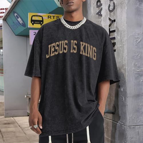 Mens Christian Shirts Jesus is King Love You Tshirt God Faith Religious Bible Verse Oversized Acid Wash Graphic Tees - color: Black, size: XX-Large