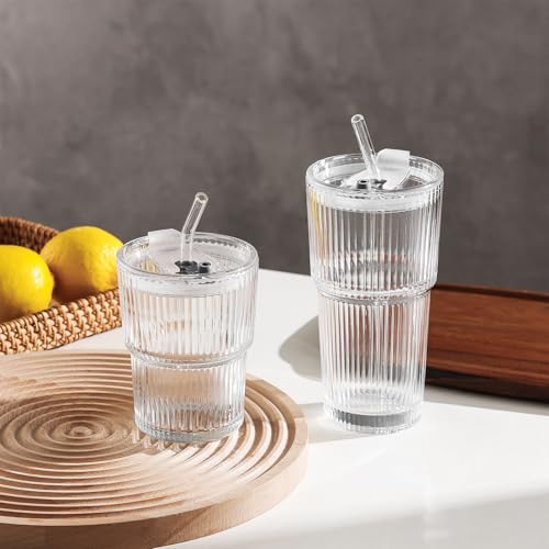 Ribbed Glass Tumbler Drinking Glasses with Lids & Straws, Leak-Proof 20oz and 15oz Glass Cups, 2PCS Glass Tumblers, Ideal for Home, Office, Outdoor Use - style: 2PCS-Clear