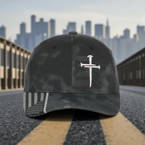 Christian Cross Baseball Cap, Religious Cross Design, Typhoon CAMO HAT Silver Embroidery Jesus Hat - Adjustable Buckle Back Hat. Free 4" Sacred Nails Faith Decal