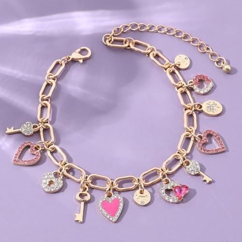Boho Cute Gold Charm Link Bracelet for Women Starfish Clover Cross Star Lock Key Heart Pearl Charm Bracelets Vacation Spring Summer Santa Claus Reindeer Christmas Party Jewelry Gifts for Womens - style: Red Heart