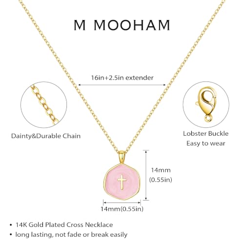 M MOOHAM Enamel Mini Cross Necklace for Women Girl, 14K Gold Plated Jewelry - color: pink cross-cable chain
