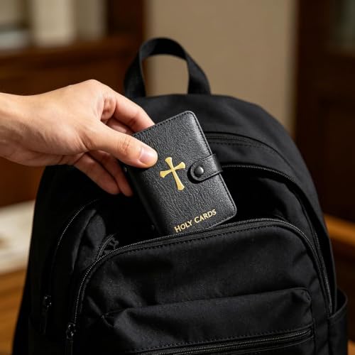 Catholic Prayer Card Set with Genuine Leather Holder,54 Catholic Prayer Cards with Pocket Holy Card Organizer,Snap Closure Devotional Card Case for Mass,Daily Prayer & Religious Gifts (Red)
