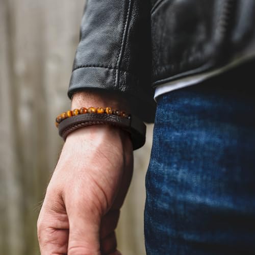 Beaded Leather Bracelets - Gifts for Men, 6mm Tiger Eye Lava Rock Stone Beads Braided Leather Bracelet Handmade Mens Bracelet With Adjustable Magnetic Clasp - color: Black-4