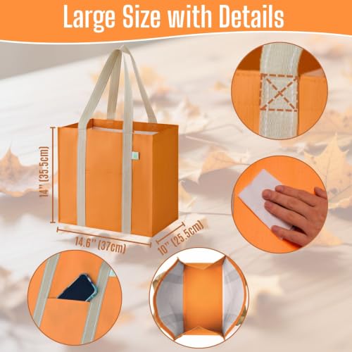 VENO 4 Pack Large Autumn Reusable Grocery Shopping Bags with Hard Bottom - color: Seasonal Autumn Orange