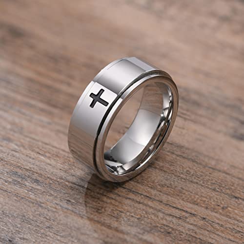 6mm/8mm Titanium Steel Black/Silver/Gold Fidget Ring Engraved Small Cross Stainless Steel Spinner Rings Stress Relieving Anxiety Ring Engagement Wedding Promise Band for Women Men Size 5-15 - color: 8mm Silver