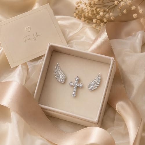 Angel Wing Stud Earrings for Women Crystal Cross Screw Back Wings Earrings Piercing Jewelry - color: 3pcs Silver