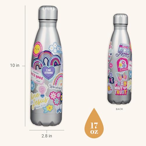 Christian Art Gifts Slim Stainless Steel Water Bottle for Girls: Shine for Jesus Encouraging Scripture, All Day Hot & Cold Liquids, Leak & Spill-proof, Silver Multicolor Floral Sticker Design, 17 oz. - color: Silver Multicolor/Shine for Jesus