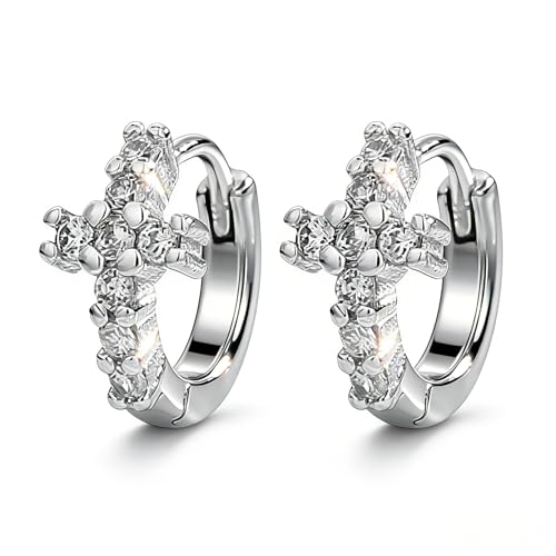 Gold Cross Hoop Earrings for Women Cubic Zirconia Cross Earrings Prom Wedding Party Huggie Earrings Christian Jewelry Gift - color: Silver