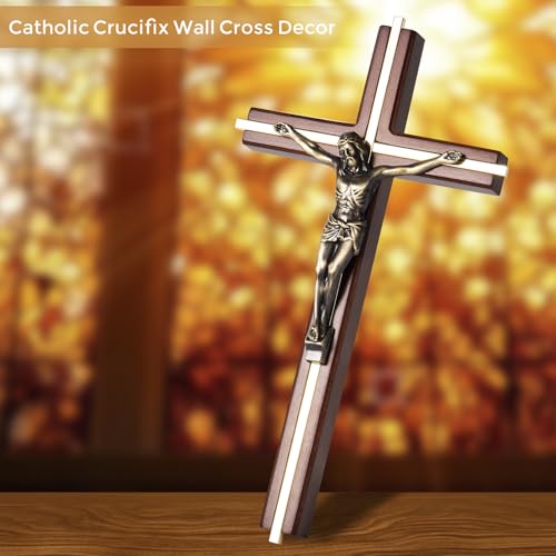 ACHIBANG Crucifix Wall Cross, 10 Inch Wooden Catholic Jesus Home Decor - color: Brown + Antique Brass