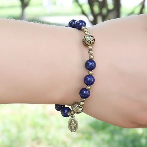 Nazareth Store Stone Beads Rosary Bracelet with Metal Separators and Catholic Medal - Durable and Elegant Wrist Jewelry - color: Lapis Lazuli
