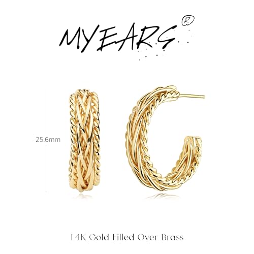 MYEARS Women Hoop Earrings Gold 14K Gold Filled Small Simple Handmade Hypoallergenic Everyday Illusion Jewelry - style: Twisted Band
