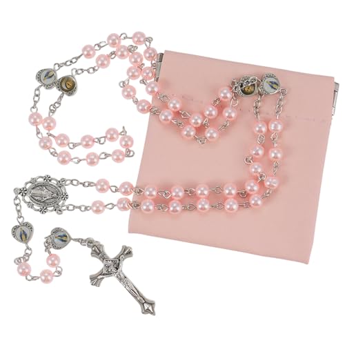 Rosary Beads Catholic, Rosary Necklace with Leather Pouch with Magnetic Top Bag for Men and Women Christian Gifts - color: Pink