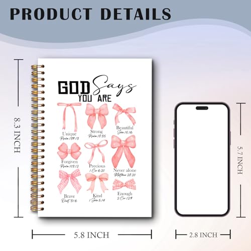 God Says You Are Christian Spiral Notebooks, Coquette Pink Bow Bible Journal, Scripture Journals for Writing, Girly Office Supplies, Religious Notebook for Note Taking, 5.5x8.3 Inch - color: white Bible Notebook-14