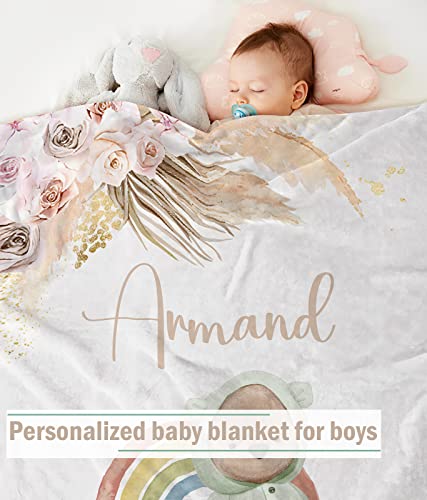 Personalized Baby Blanket for Boys, Custom Baby Blanket with Name Super Soft Personalized Name Blankets for Kids, Custom Bear Blankets for Infant Toddler, Babys Gifts for Birthday - color: Flowers and Bears