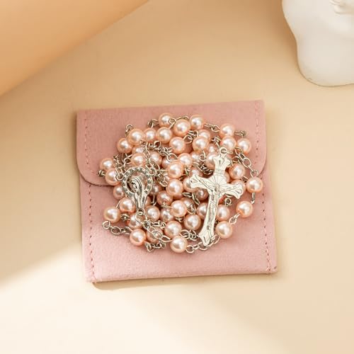 Rosary Beads Catholic for Women - Rosary Necklace Artificial Pearls, Solid Colored Simple Style Rosary Beads, Gifts for Women - color: Pink
