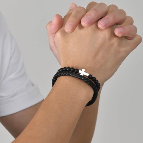 Mens Cross Bead Braided Genuine Leather Bracelet, Black Gemstone Agate Onyx Beaded Rosary Obsidian Bangle, Faith Religious Easter Catholic Christian Communion Baptism Christmas Jewelry Gift for Men - color: Silver