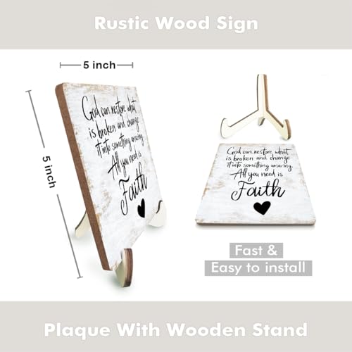 Rustic Wooden Desk Sign - 5.1x5.1 inches - Christian Bible Verse - Faith Decor - Office & Home Decoration - color: GodFaith