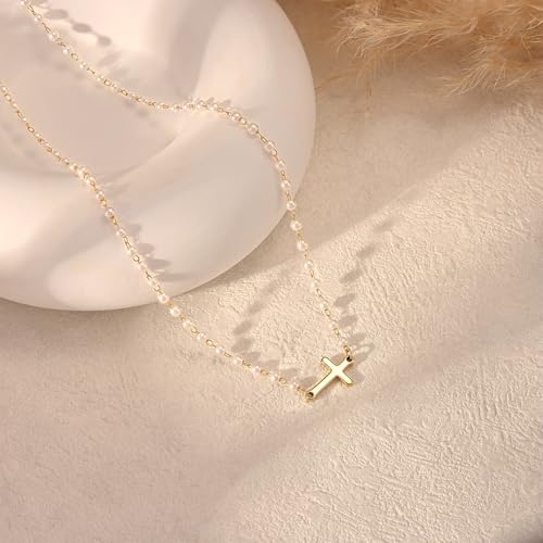 Tewiky 14K Gold Plated Cross Necklace for Women, Pearl Cross Necklace - color: Gold 2