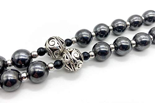 Nazareth Store Hematite Rosary Black Stone Beads Necklace Metal Beaded Silver-Plated Medal & Cross for Men NS
