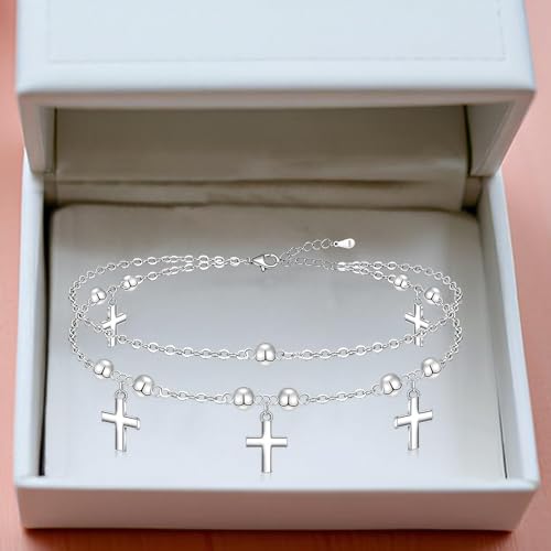 Cross Anklets for Women Cross Anklet Sterling Silver Beaded Multilayer Ankle Bracelets Dainty Layering Adjustable Chain Charm Jewelry Mothers Day Gifts