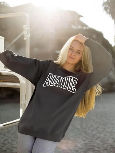 Womens Auntie Sweatshirt Auntie Letter Print Crewneck Long Sleeve Pullover Top Women Embroidered Sweatshirt - color: Darkgrey, size: XX-Large