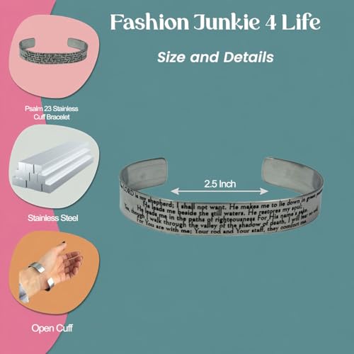 FashionJunkie4Life 925 Sterlin Silver and Stainless Steel Open Cuff Bracelet - color: Psalms 23