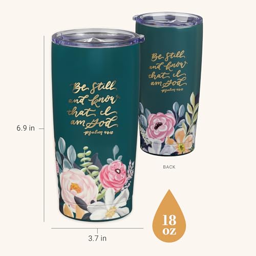 Christian Art Gifts Large Be Still and Know Travel Mug Tumbler for Women - color: Teal Floral/Be Still