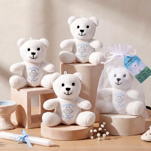 Silipull 12 Pcs Baptism Stuffed Bears 4" Religious Plush Bear Prayer Buddies Christian Mini Bible Verse Bears for Party Favor Gift Box Stuffers - style: Baptism