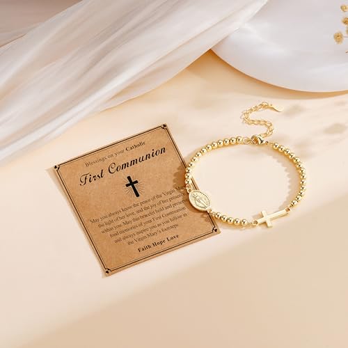 First Communion Gifts for Girls Virgin Mary Cross Bracelet Non Tarnish Baptism 1st Holy Communion Confirmation Gifts Christian Religious Catholic Jewelry - color: First Communion,Gold